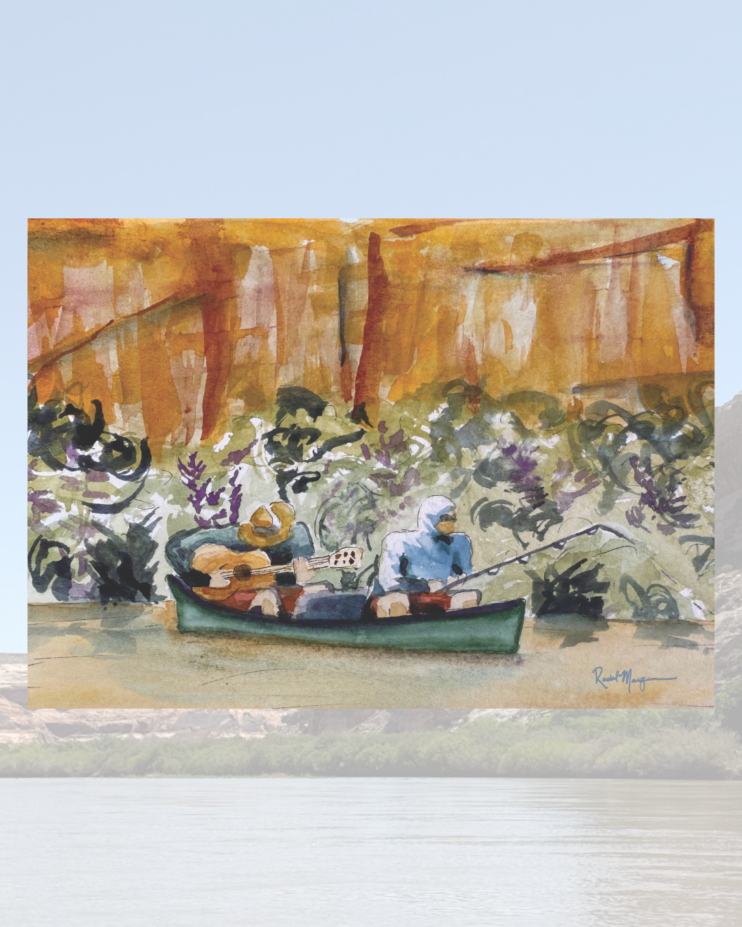 Playin' the Guitar on Labyrinth Canyon Watercolor Print