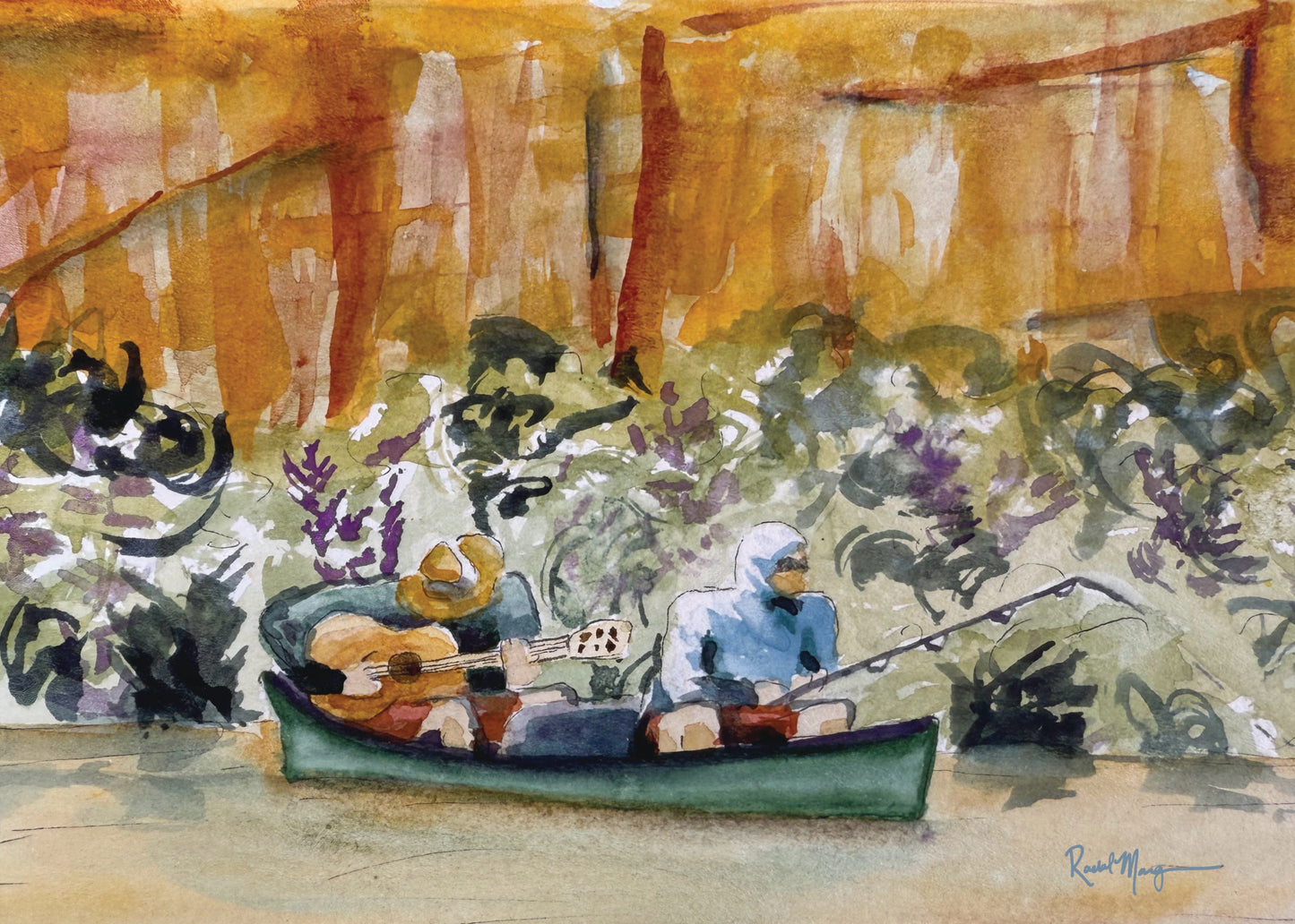 Playin' the Guitar on Labyrinth Canyon Watercolor Print