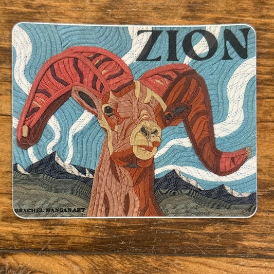 Vinyl sticker with a bighorn sheep made from retired climbing ropes. Digital text saying Zion in the upper right corner