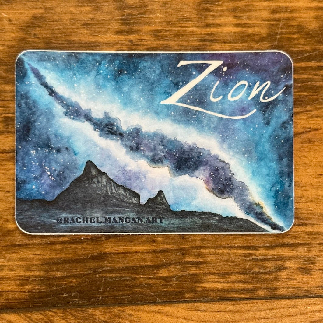Vinyl sticker of a watercolor painting of the watchman formation in zion national park the the milky way and a white text saying Zion